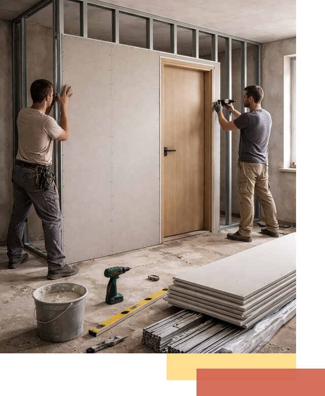 Перегородка из гипсокартона с дверью под ключ в Борзе