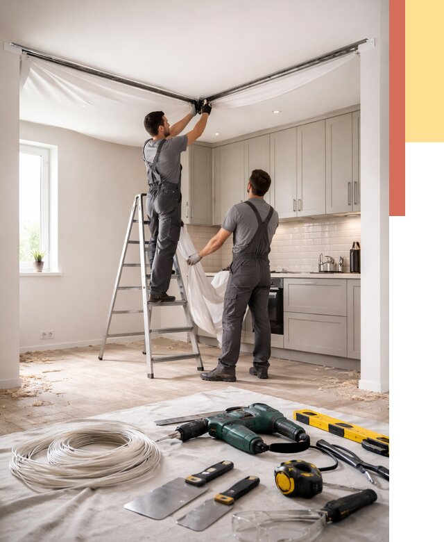 Установка натяжного потолка на кухне в Борзе от 2472 руб. | ОТДЕЛОЧНИК-Бря