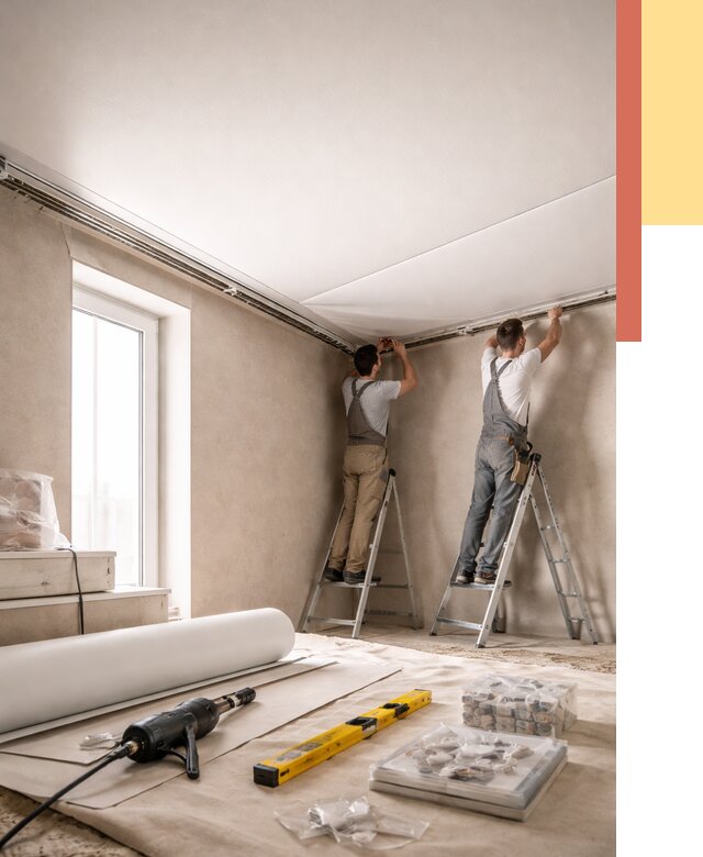 Монтаж натяжного потолка в спальне в Борзе от 3914 руб. под ключ | ОТДЕЛОЧНИК-Бря