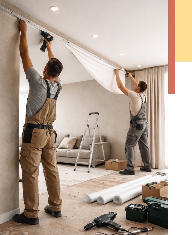 Монтаж натяжного потолка в гостиной в Борзе от 567 руб. | ОТДЕЛОЧНИК-Бря